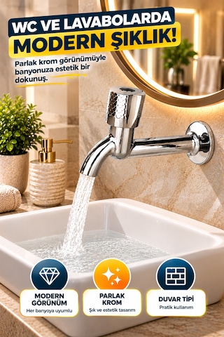 Desenli Krom Uzun Musluk Aç Kapa Başlıklı Bahçe Wc Lavabo Balkon Teras Duvar Tipi Su Musluğu