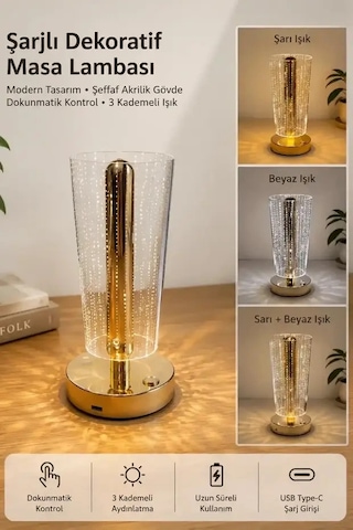 Led Masa Lambası Şeffaf Silindir Akrilik Gövdeli Gold Şarjlı Dokunmatik Led Masa Lambası 3 Kademeli