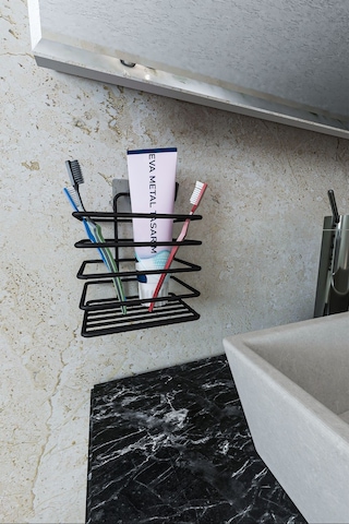 Eva Metal Tasarim Yapışkanlı Metal Diş Fırçalık Siyah