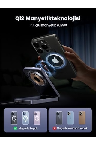 Magflow Qi2 Sertifikalı 15w İphone Şarj İstasyonu, Magsafe İle Uyumlu 2&apos Si 1 Arada Manyetik Şarj İstasyonu, İphone 16,16 Pro,16 Pro Max,15,14,13,airpods İçin Katlanabilir Kablosuz Şarj Cihazı