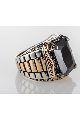 Gümüş Saat Kordon Model Siyah Zirkon Taşlı Erkek Yüzük
