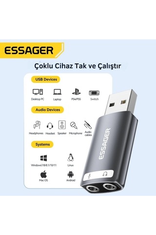 Essager 2in1 Usb To 2x 3.5mm Aux Çevirici Adaptör, Kulaklık Ve Mikforon Çevirici, Harici Ses Kartı