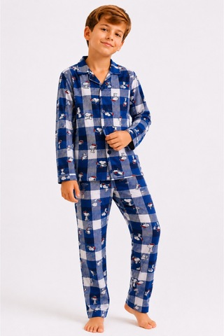 Free Beka Erkek Çocuk Önden Düğmeli Kareli Ve Karakter Desenli Uzun Kollu Pijama Takımı Lacivert