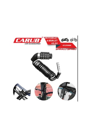 Carub Spiralli Şifreli Bisiklet Ve Motosiklet Kilidi, 4 Haneli Kombinasyon, Siyah, 4x1200mm Çok Renkli