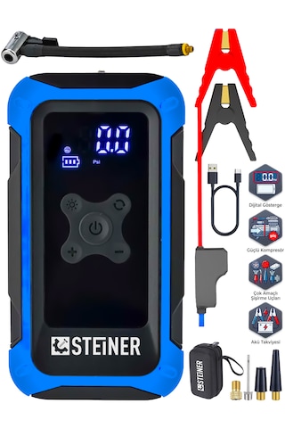 Steiner 16.000 Mah 4'ü 1 Arada 10 Bar Dijital Göstergeli Powerbank Led Fener Şarjlı Akü Takviye Cihazı Hava Kompresörü Mavi