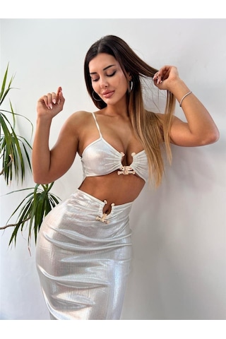 Beyaz Pu Faux Lame Tokalı Elbise Beyaz