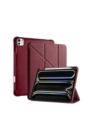 Ps Apple Uyumlu iPad Pro 13 İnç M5 / M4 Tri Folding Standlı Kılıf - Bordo Kapaklı Kılıf