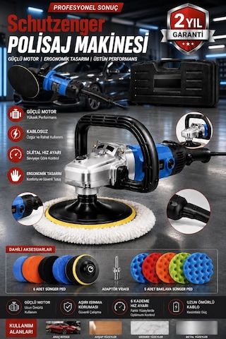 Px12 Devir Ayarlı Polisaj Makinesi Bakır Sargı 12 Parça Ped Seti 2000w 180mm Profesyonel Mavi 7c1