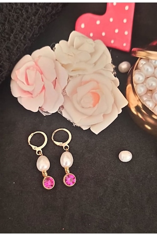 24k Altın Kaplama Gerçek İnci Zirkon Taşlı Pembe Tasarım Küpe Pem Gold