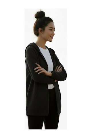 Lyvean Fermuarlı Üç İplik Penye Sweatshirt Siyah