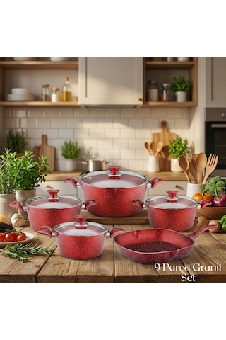 9 Parça Granit Set Cam Kapak - Kırmızı Kırmızı
