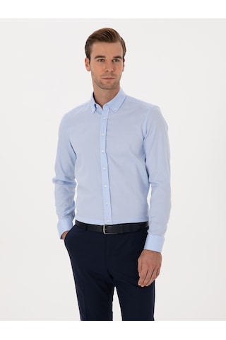 Cacharel Açık Mavi Slim Fit %100 Pamuk Yakası Düğmeli Oxford Gömlek Denım