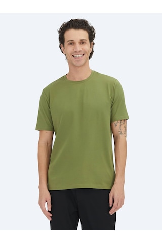 Kip Yeşil Düz Bisiklet Yaka Pamuk Karışımlı T-shirt Yeşil