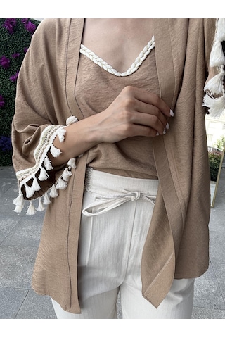 Kol Detaylı Salaş Keten Kimono - Kahverengi-102 Sarı