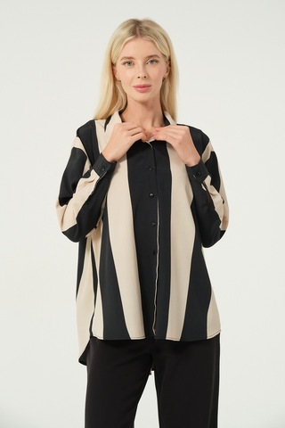 Basic Oversize Çizgili Gömlek Bej Siyah Bej - Siyah