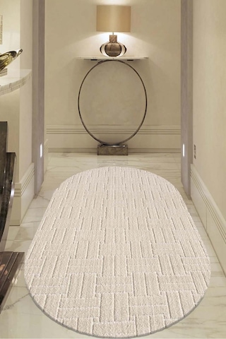 Raschel Carpet Kaymaz Taban Moopy Oval Krem Bukleli Yumuşak Soft Dokuma Yolluk Halı Salon Halısı Lp1001a Krem Krem