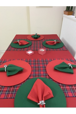 Kırmızı Masa Örtüsü Yılbaşı Ekose Runner Supla Peçete 12 Kişilik Set