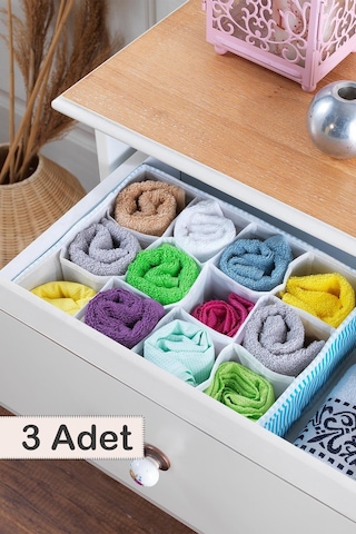 3 Adet Home 12 Bölmeli Çekmece İçi Düzenleyici Organizer Beyaz/mavi