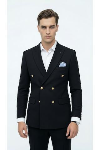 Plus Scorpion Erkek Kruvaze Blazer Ceket Slim Fit Premium Dokulu Şık Klasik Ceket Siyah