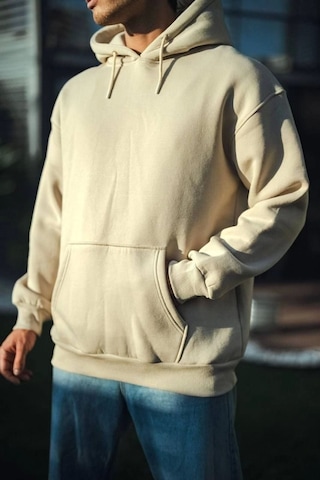 Efnaz Style Üç İplik Penye Kapşonlu Basic Sweatshirt - Bej