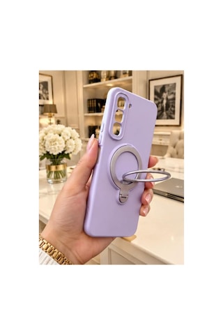İnfinix Hot 60 Pro Plus İle Uyumlu 360 Derece Dönebilen Kalın Metal Magsafe Halka Stantlı İçi Kadife Korumalı Ultra Lüx Premium Silikon Kılıf Lila