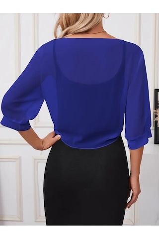 Veraura Lifestyle Kadın Truvakar Kol Önden Bağlamalı Kısa Şifon Bolero Ceket Mavi