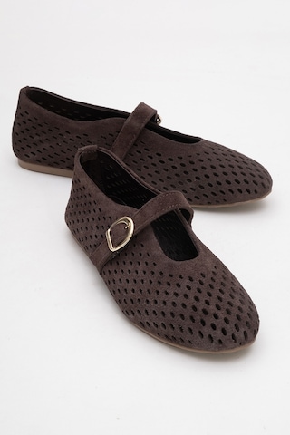 Luvishoes Arian Kahverengi Süet Hakiki Deri Delikli Kadın Babet Ayakkabı Kahverengi
