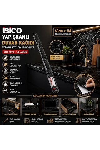 3mt X 60cm Siyah Mermer Desenli Tezgah Üstü Folyo Sticker - Duvar Kağıt Kendinden Yapışkanlı - Eko Dekorasyon - Dayanıklı