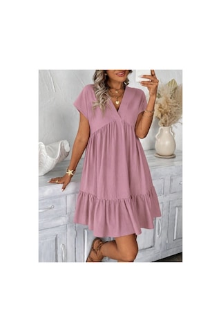 Butik İstanbul Kadın Kısa Kollu V Yakalı Fırfırlı Kısa Elbise Pembe