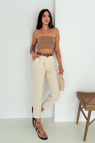 Kemer Detaylı Keten Pantolon Krem Krem