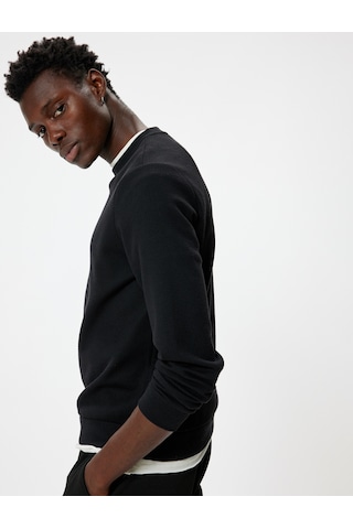 Koton Bisiklet Yaka Sweatshirt Basic Uzun Kollu Dokulu Pamuk Karışımlı Siyah 5wam70032mk Siyah