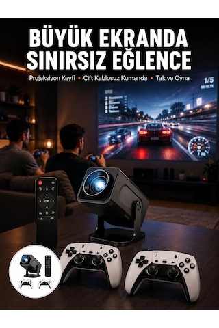 Hepsi Çift Kollu Game Box Projeksiyon Cihazı Kumandalı Android Tv Dahili Hoparlör Yeni Nesil Najmaddin