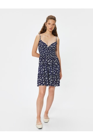 Koton Çiçekli Elbise Mini İp Askılı A Kesim V Yaka Gipeli Slim Fit Lacivert Desenli 4sal80163ıw Lacivert