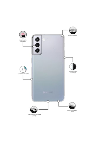 Samsun Galaxy S21 Plus ile Uyumlu Kapak Kamera Korumalı Şeffaf Tıpalı Silikon Kılıf