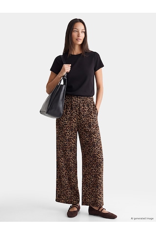 Lcwaıkıkı Classic Kahverengi Leopar Desenli Keten Karışımlı Kadın Pantolon