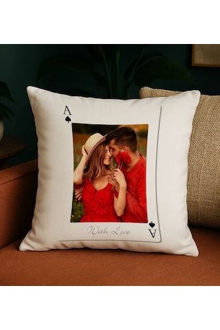 Bk Gift Kişiye Özel Aşkımızın Ası Fotoğraflı İskambil Tasarımlı Beyaz Kırlent Yastık-3, Sevgiliye Hediye, Eşe Hediye Kobitmeyencom34309 Bk Gift