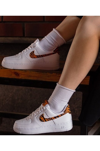 Nike Air Force 1 07 Af1 Leather White Unisex Snaker Hakiki Deri Spor Ayakkabı Beyaz Leopar Swoosh Turuncu