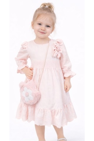 Kız Çocuk Güpürlü Balon Kol Model Bilekleri Lastikli Peluş Çantalı Pudra Renk Midi Boy Elbise Pudra