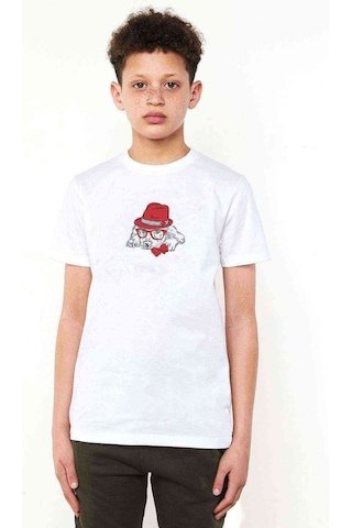 Tshirthane Kırmızı Şapka Ile Köpek Yay Ve Baskılı Unisex Çocuk Beyaz T-Shir