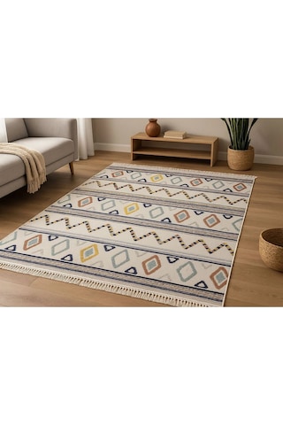 İskandinav Motifli Renkli Baklava Desen Tasarım Modern Halı Dekoratif Kilim Krem