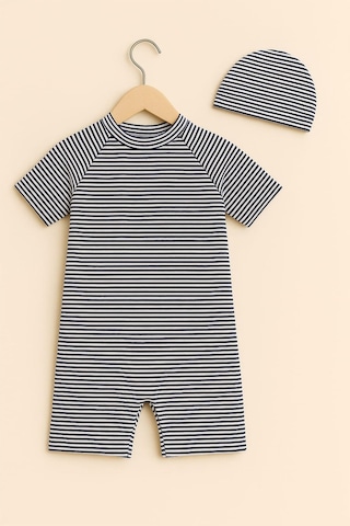 My Kids Wear Erkek Çocuk Çizgi Desenli Fermuarlı Boneli Mayo Takımı 11902 Lacivert