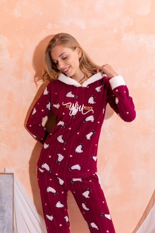 Nisanca Kapüşonlu Kışlık Kadın Peluş Polar Pijama Takımı - Yeni Yıl Pijaması Mürdüm