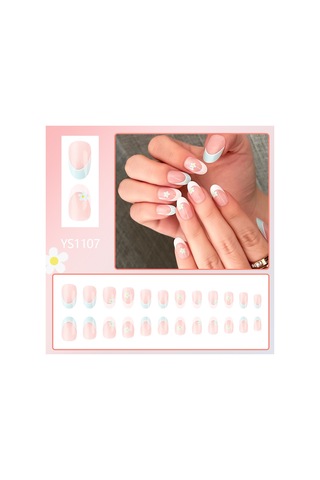 İlkbahar Ve Yaz Fransız Badem Tırnak Uçları Mavi Ve Beyaz Çiçekler Ve Çimen Zarif Bayanlar Tatlı Parlak Takma Tırnaklar 24 Adet Tırnak Sanatı Dahil Araçlar Ys1107