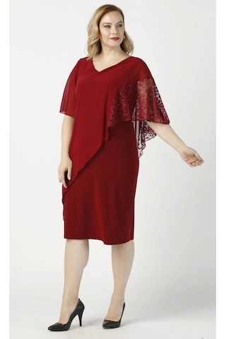 Moda Berray 4051 Bordo Pelerinli Esnek Kumaş Büyük Beden Elbise Bordo