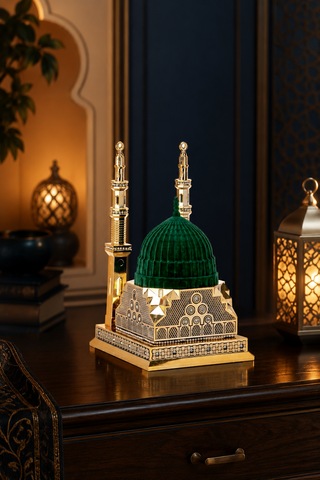 Çift Minareli Mescid-i Nebevi Altın Biblo 15x26 Cm Polyester Dekoratif İslami Ev Ve Ofis Dekoru 1