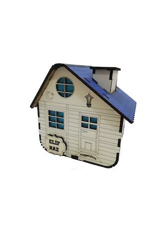 Kişiye Özel Dekoratif Ahşap Mavi Dağ Evi Kumbara -Tipbox