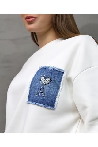 Calimera Kadın Sweatshirt 3 İplik Eşofman Takımı Oversize Beyaz