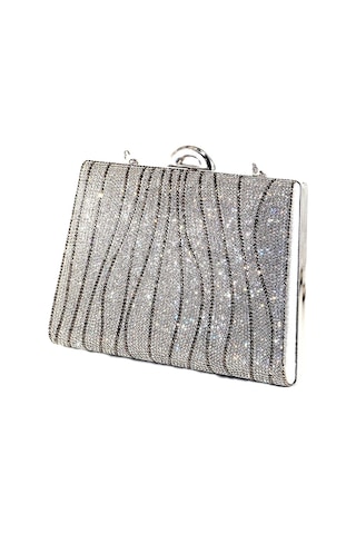 Suyolu Taşlı Gümüş Abiye Çanta Abiye Portföy Clutch Davet Gece Çantası Kadın Abiye Taşlı Çanta