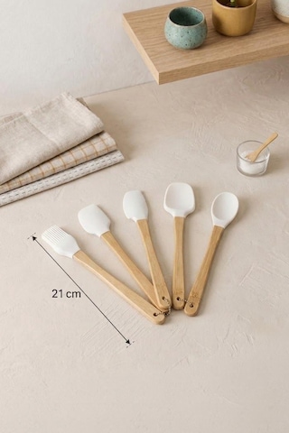 4'lü Silikon Ve Akasya Saplı Mutfak Gereçleri Seti-spatula,fırça Servis Maşa Seti Krem