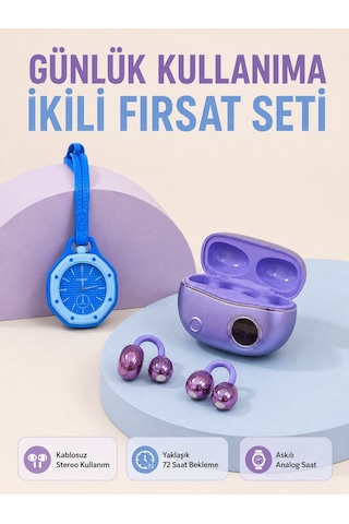 Kablosuz Kulaklık Ve Mavi Çanta Charm Saat İkili Set Taşınabilir Günlük Kullanım Altın